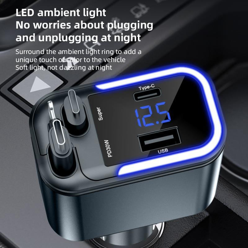 Retractable Car Charger 4 in 1 Car Adapter with Dual USB Charger Wireless Radio Kit MP3 Player Support TF Card & USB Disk, Adjustable Frequency 87.5-108,Bluetooth-Compatible Led Backlit Light,Compatible with Iphone 15/15 Pro Max/14/13/12/11