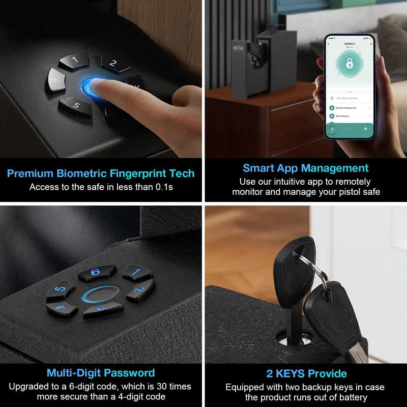 Mutak Biometric Pistol Safe with App Control – Quick Access Handgun Safe with Fingerprint, PIN Code, Key & App for Home, Nightstand, Wall, Desk, Closet Use