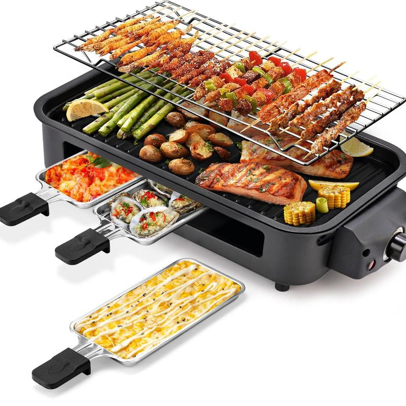 Pukomc 1500W Electric Grill: Smokeless Indoor/Outdoor Cooking, Non-Stick Surface + 3 Raclette Pans. Dishwasher-Safe – Perfect for Steaks & More! Pu Kom C _ Grill