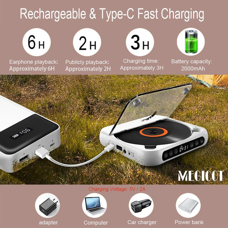 MEGICOT Portable Bluetooth CD Player Built-In Rechargeable Battery with Speaker LED Display USB Audio Port, Support Bluetooth Headset Listening Music Wireless Compact Player - Not Work with Car Bluetooth and Smartphone