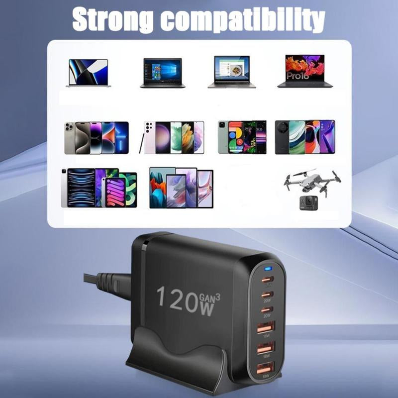 120W 6-Port USB Type-C Desktop Charger, Multifunctional PD Charger with US Plug, Portable Fast Charging Multiport Adapter for Home Office Travel, Portable Chargers, Boyfriend Gift