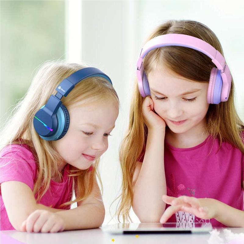 Iclever Kids BTH12 Bluetooth Headphones with 4 Colorful LED Lights Modes Volume Limited 55H Playtime Built-In Mic for Ipad Tablet Audio Headset