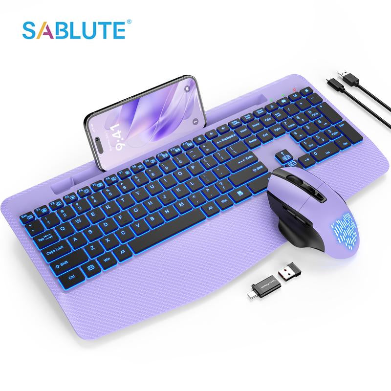 SABLUTE KL8 Wireless Keyboard and Mouse Backlits(Non-Bluetooth), Wrist Rest, LED Mouse, Rechargeable Keyboard with Phone Holder, Silent Light up Combo