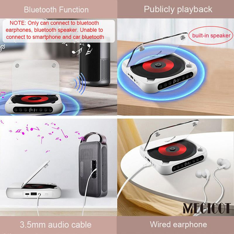 MEGICOT Portable Bluetooth CD Player Built-In Rechargeable Battery with Speaker LED Display USB Audio Port, Support Bluetooth Headset Listening Music Wireless Compact Player - Not Work with Car Bluetooth and Smartphone