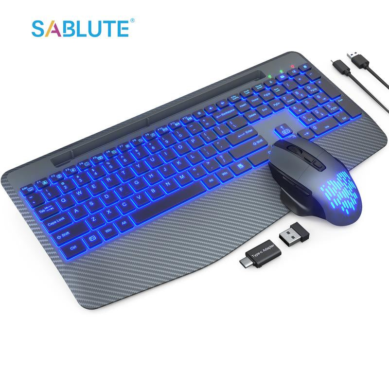 SABLUTE KL8 Wireless Keyboard and Mouse Backlits(Non-Bluetooth), Wrist Rest, LED Mouse, Rechargeable Keyboard with Phone Holder, Silent Light up Combo