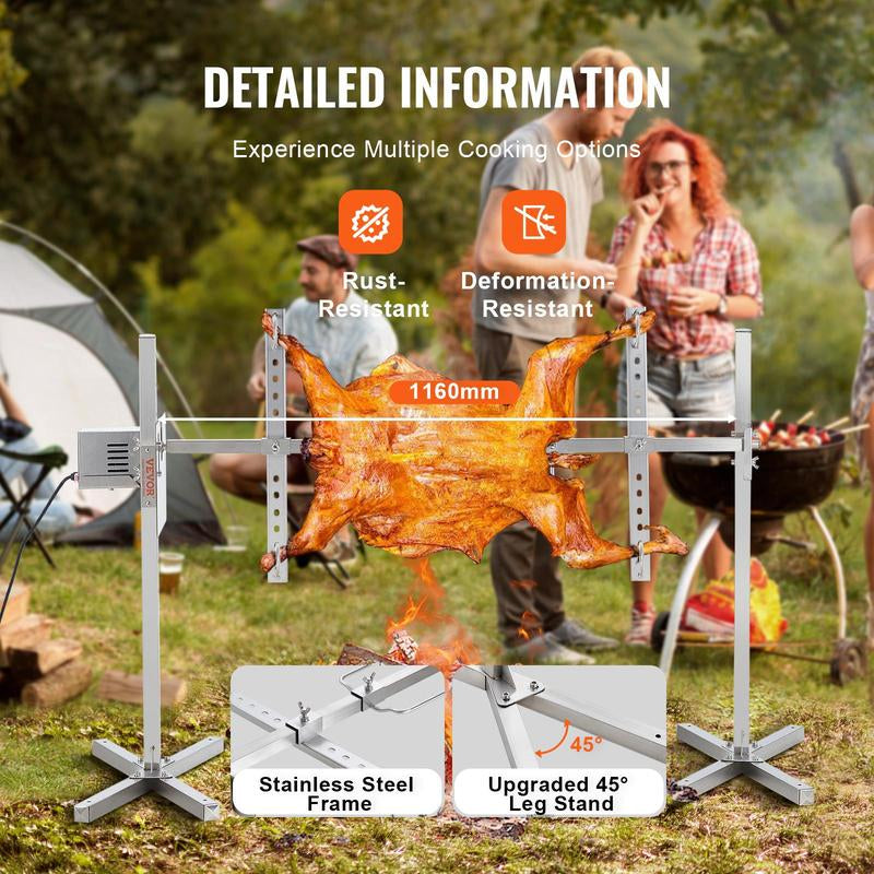 VEVOR Electric BBQ Rotisserie Grill Kit, 46 Inch 132 Lbs Capacity, Automatic 52W Motor Height Adjustable Universal Roaster Stand, Stainless Steel Grilling Kit, Spit Rod with Heat Shield for Pig Lamb