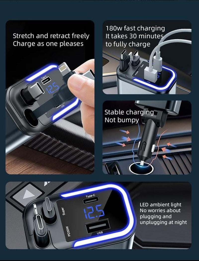 Retractable Car Charger 4 in 1 Car Adapter with Dual USB Charger Wireless Radio Kit MP3 Player Support TF Card & USB Disk, Adjustable Frequency 87.5-108,Bluetooth-Compatible Led Backlit Light,Compatible with Iphone 15/15 Pro Max/14/13/12/11