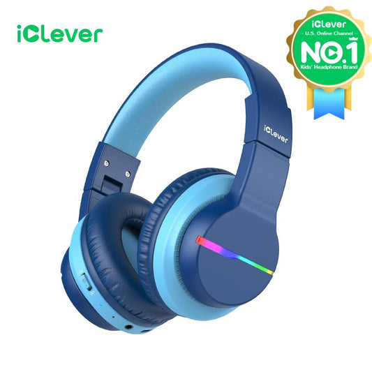 Iclever Kids BTH12 Bluetooth Headphones with 4 Colorful LED Lights Modes Volume Limited 55H Playtime Built-In Mic for Ipad Tablet Audio Headset