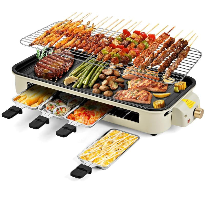 Pukomc 1500W Electric Grill: Smokeless Indoor/Outdoor Cooking, Non-Stick Surface + 3 Raclette Pans. Dishwasher-Safe – Perfect for Steaks & More! Pu Kom C _ Grill