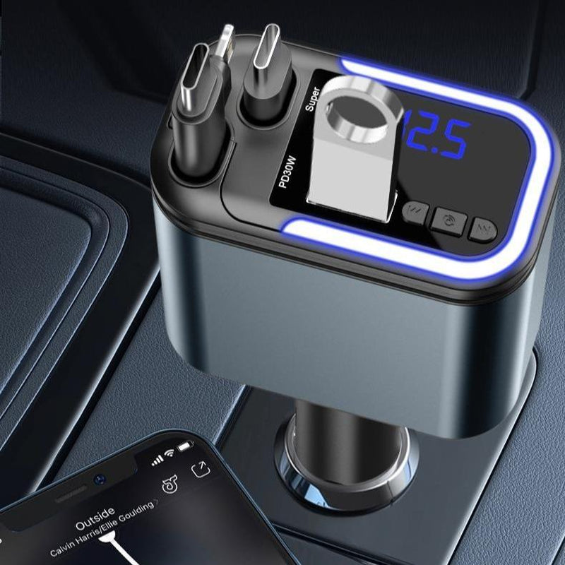 Retractable Car Charger 4 in 1 Car Adapter with Dual USB Charger Wireless Radio Kit MP3 Player Support TF Card & USB Disk, Adjustable Frequency 87.5-108,Bluetooth-Compatible Led Backlit Light,Compatible with Iphone 15/15 Pro Max/14/13/12/11