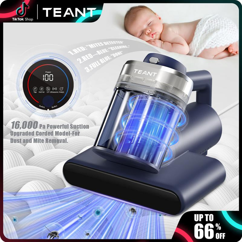 【2025 Teant】 Mattress Vacuum Cleaner for Dust Mites Removal, Bed Vacuum with UV-C Light & 149°F Hot Air & Aroma Tablet & LED Display, 16Kpa Powerful Suction Double-Cup Handheld Vacuum Cleaner with HEPA Filter for Bed, Couch, Sofa, Carpet