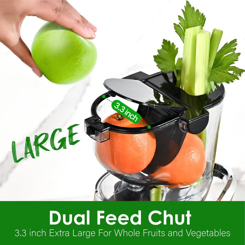 Cold Press Juicer, Slow Masticating Juicer Machine with 3.3” Large Feed Chute for Whole Fruits & Veggies, High Juice Yield, Bpa-Free