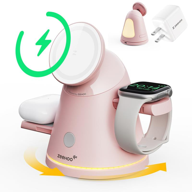 ZEEHOO 4-In-1 Wireless Charging Station for Apple,15Wqi2 Mag-Safe Charger with Dimmable Light & 360° Rotatingphone Stand, Fast Charger for Iphone 16-12, Airpods, Applewatch & Samsung Watch (30W Adapter Included)