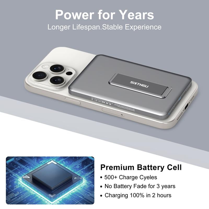 Magnetic Slim Portable Charger with Stand, Folding 5000Mah Wireless Power Bank, for Smartphone Compact, Foldable, Chargeable, Electronics Accessories Charging