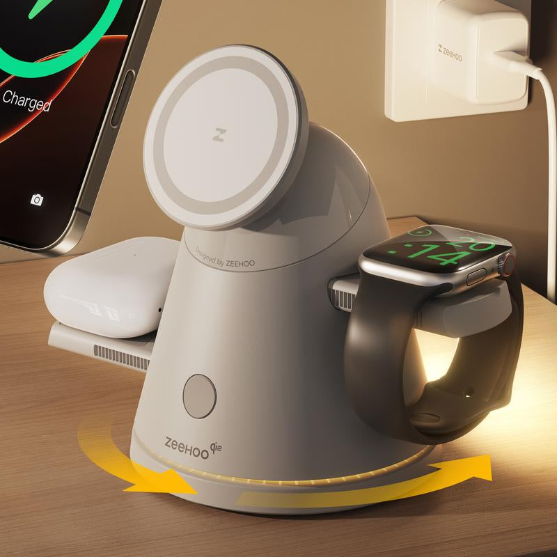 ZEEHOO 4-In-1 Wireless Charging Station for Apple,15Wqi2 Mag-Safe Charger with Dimmable Light & 360° Rotatingphone Stand, Fast Charger for Iphone 16-12, Airpods, Applewatch & Samsung Watch (30W Adapter Included)