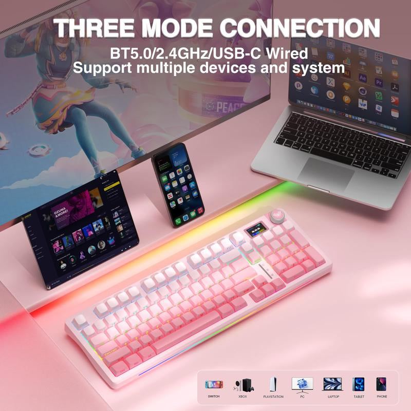 S98 Pro Wireless Mechanical with Screen & Knob 2.4Ghz/Usb-C/Bt5.0 Hot Swappable Pink Creamy Pre-Lubed Linear Switches Side Printed Pbt Keycaps Rgb Backlit Gaming Keyboards