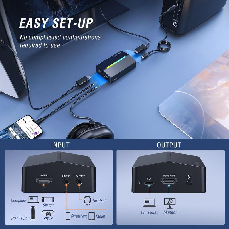 FIFINE Ampligame Video Capture Card, HD 1080 60Fps for Audio Video, Gaming, Live Streaming, HDMI to USB Capture Card Compatible with Ps4/Windows/Mac Os/Switch/Xbox, - Ampligame V3