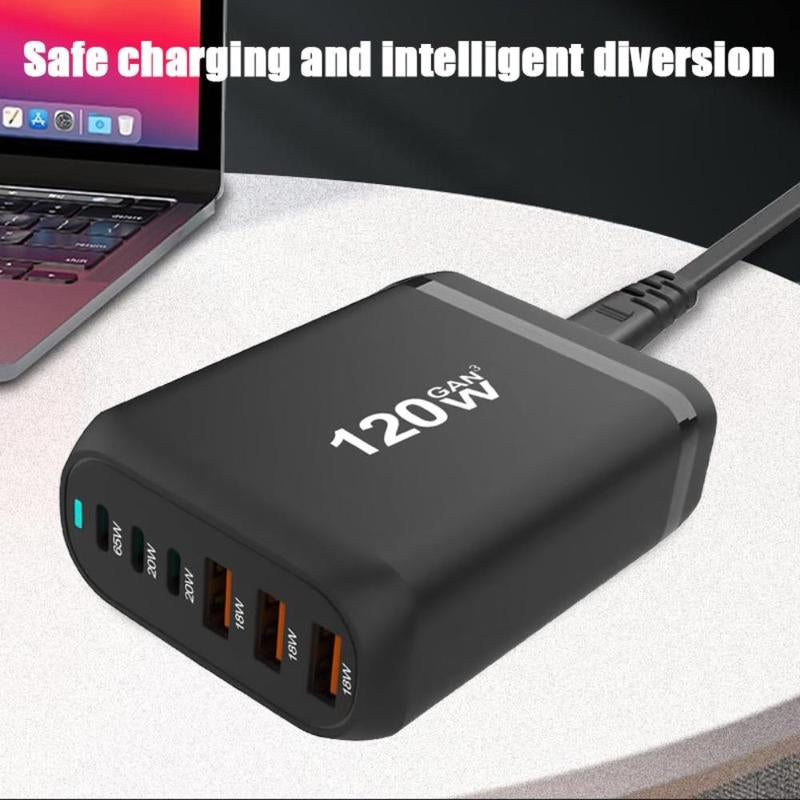 120W 6-Port USB Type-C Desktop Charger, Multifunctional PD Charger with US Plug, Portable Fast Charging Multiport Adapter for Home Office Travel, Portable Chargers, Boyfriend Gift