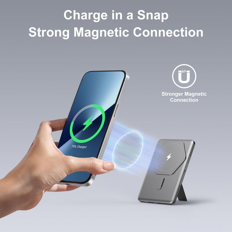 Magnetic Slim Portable Charger with Stand, Folding 5000Mah Wireless Power Bank, for Smartphone Compact, Foldable, Chargeable, Electronics Accessories Charging