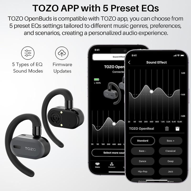 Tozo-Open Buds Lightweight True Open Ear Wireless Earbuds with Multi-Angle Adjustment Audio Earphones Sport Earbuds Headphones Electronic Headset Wireless Earphone App Control Open-Ear Headphone Fathersdaygift Black