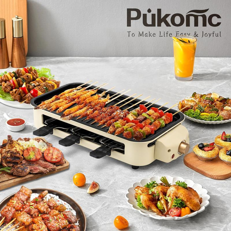 Pukomc 1500W Electric Grill: Smokeless Indoor/Outdoor Cooking, Non-Stick Surface + 3 Raclette Pans. Dishwasher-Safe – Perfect for Steaks & More! Pu Kom C _ Grill