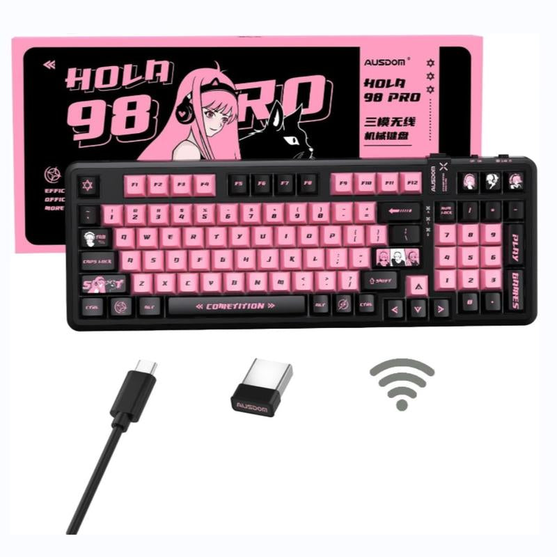 AUSDOM 98Pro Wireless Mechanical Keyboard, Tri-Mode Bluetooth/2.4Ghz/Usb-C Gasket Hot Swappable Custom Gaming Keyboard with Backlit, PBT Keycaps, Linear Switches, for Windows/Mac/Pc (Manga Girl Theme)
