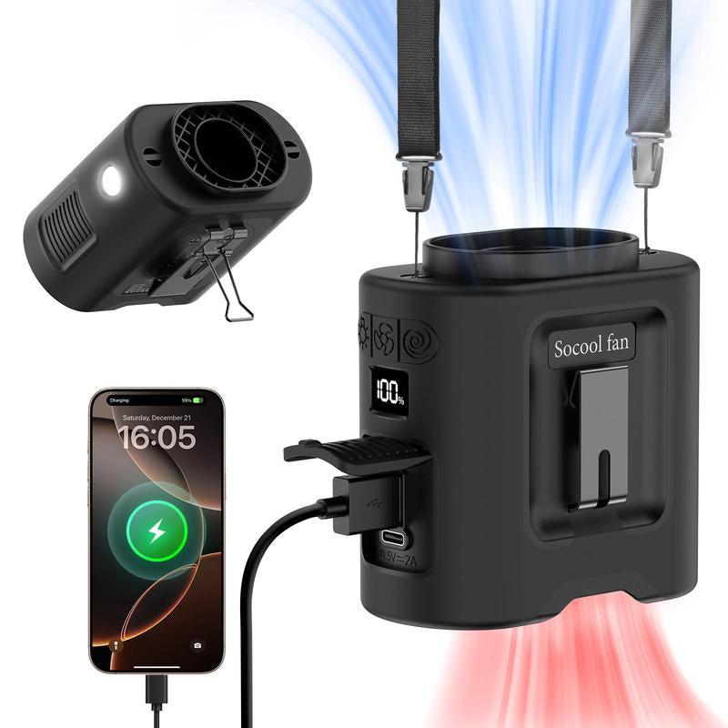 Socool 14500Mah Portable Waist Fan Clip on Belt 360 Rotation Wearable Rechargeable Personal Shirt Fan, 67H Cooling 5-Speed Battery Operated Fans with Light, Neck Fan Hanging for Outdoor Camping Travel
