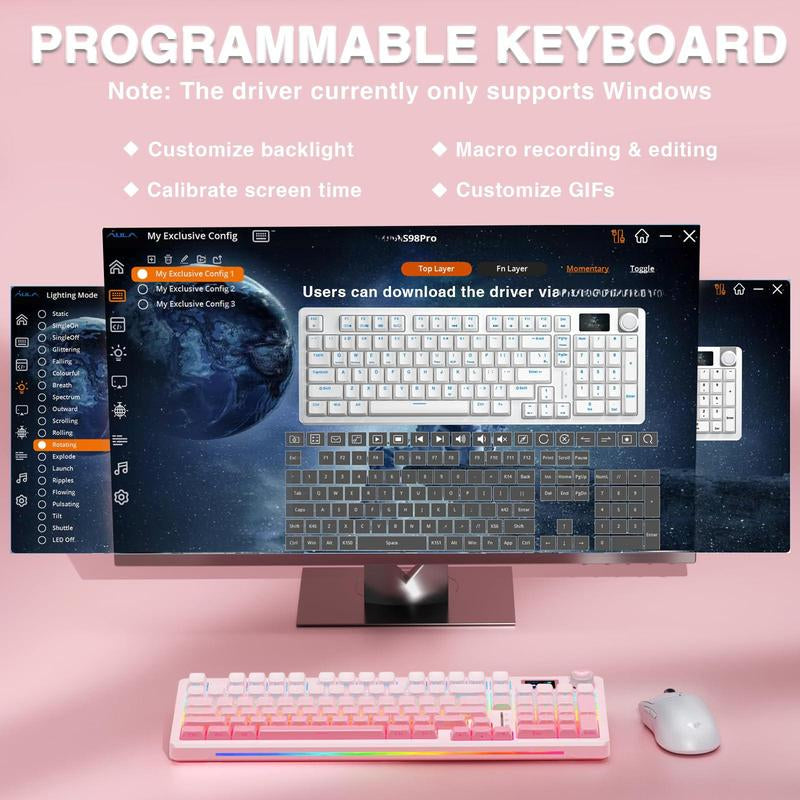 S98 Pro Wireless Mechanical with Screen & Knob 2.4Ghz/Usb-C/Bt5.0 Hot Swappable Pink Creamy Pre-Lubed Linear Switches Side Printed Pbt Keycaps Rgb Backlit Gaming Keyboards