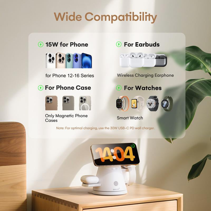 ZEEHOO 4-In-1 Wireless Charging Station for Apple,15Wqi2 Mag-Safe Charger with Dimmable Light & 360° Rotatingphone Stand, Fast Charger for Iphone 16-12, Airpods, Applewatch & Samsung Watch (30W Adapter Included)