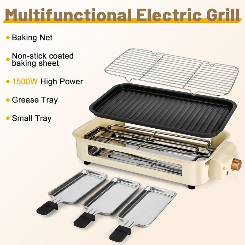 Smokeless Electric Grill, Frying and Grilling Electric Grill with Removable Non-Stick Tray and Grill Rack, with 3 Mini Pans, 1500W Home Grill, Adjustable Temperature, Indoor Grilling, Kitchen Utensils, Stainless Steel