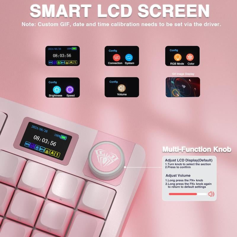 S98 Pro Wireless Mechanical with Screen & Knob 2.4Ghz/Usb-C/Bt5.0 Hot Swappable Pink Creamy Pre-Lubed Linear Switches Side Printed Pbt Keycaps Rgb Backlit Gaming Keyboards