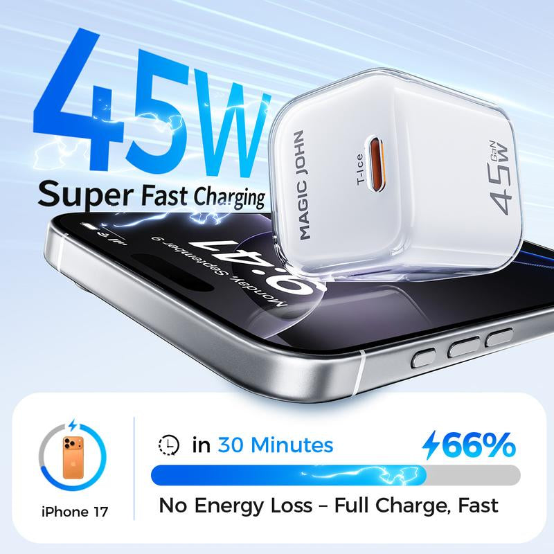 MAGICJOHN 45W USB-C Fast Charger – Compact Power Adapter for Iphone 17/16/15 Pro Max/Air – Quick, Travel-Friendly Mini Plug