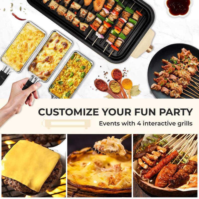 Pukomc 1500W Electric Grill: Smokeless Indoor/Outdoor Cooking, Non-Stick Surface + 3 Raclette Pans. Dishwasher-Safe – Perfect for Steaks & More! Pu Kom C _ Grill