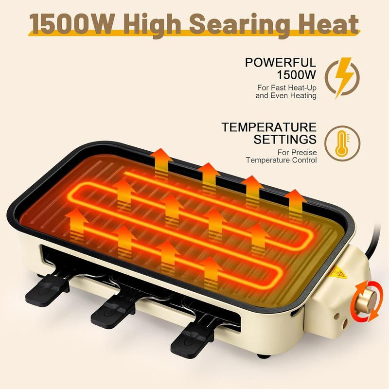Smokeless Electric Grill, Frying and Grilling Electric Grill with Removable Non-Stick Tray and Grill Rack, with 3 Mini Pans, 1500W Home Grill, Adjustable Temperature, Indoor Grilling, Kitchen Utensils, Stainless Steel