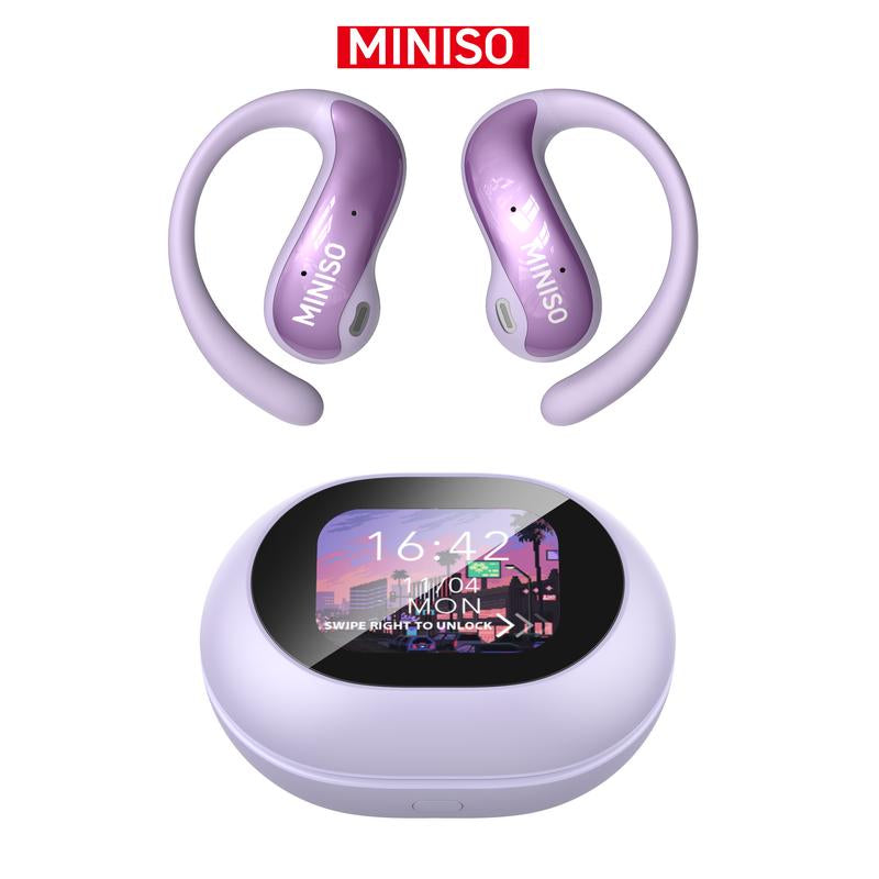 MINISO MS188 LCD Wireless Bluetooth Earphones,Ows Open Ear Headphones with Mic,Full Color Display Charging Case Headsets for Music Sports, Earbuds with Earhooks