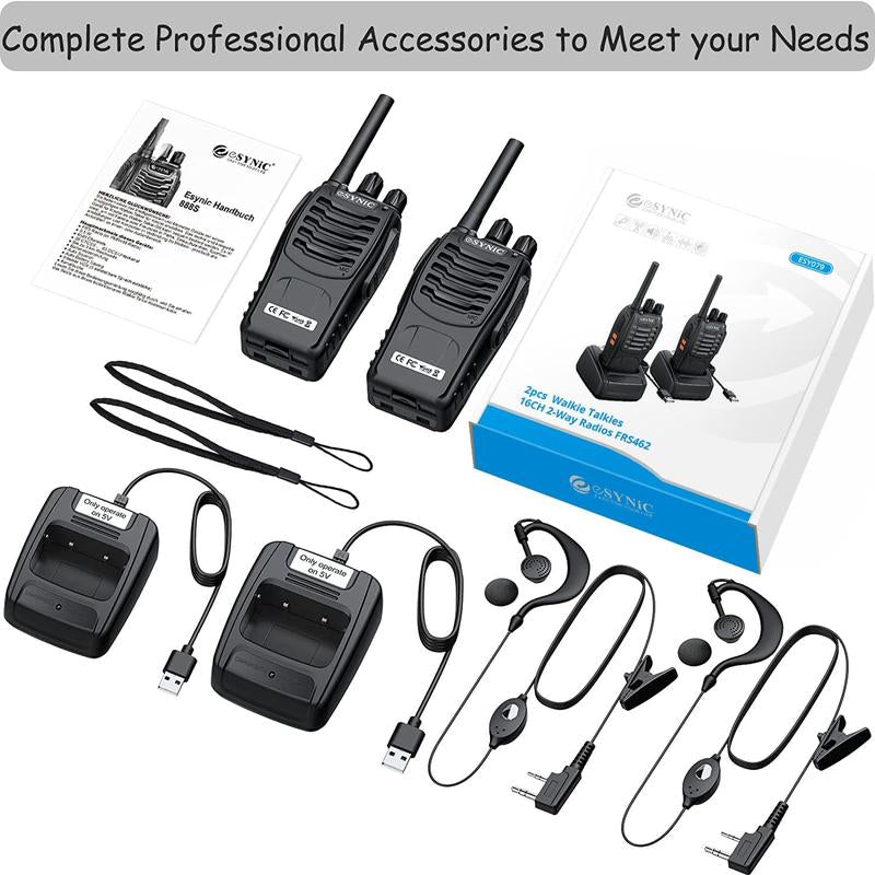 Esynic Professional Rechargeable Walkie Talkies - Long Range 2 Way Radio for Adults with VOX, 16 Channels, LED Light, Original Earpieces, and Portability Audio Portable Mother'S Day Gift