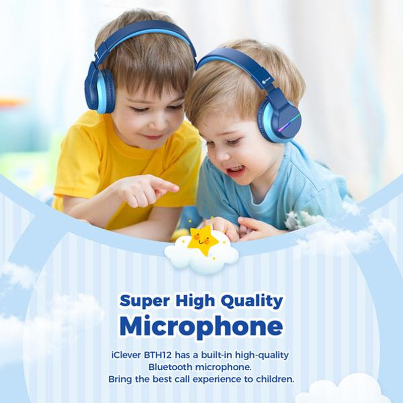 Iclever Kids BTH12 Bluetooth Headphones with 4 Colorful LED Lights Modes Volume Limited 55H Playtime Built-In Mic for Ipad Tablet Audio Headset