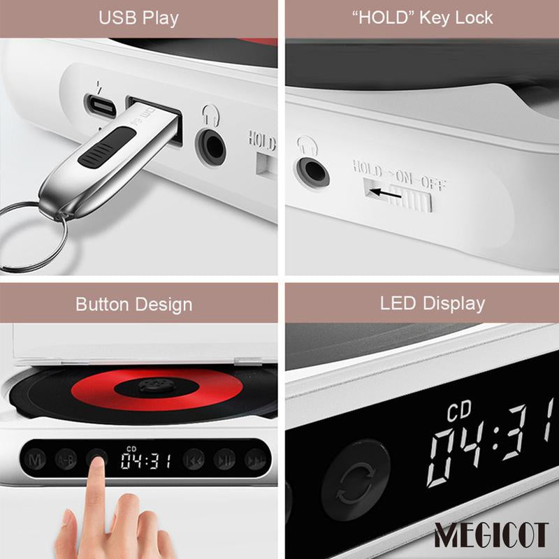 MEGICOT Portable Bluetooth CD Player Built-In Rechargeable Battery with Speaker LED Display USB Audio Port, Support Bluetooth Headset Listening Music Wireless Compact Player - Not Work with Car Bluetooth and Smartphone