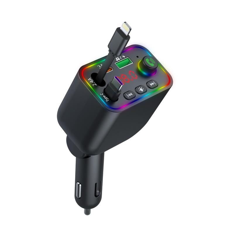 Retractable Car Charger 4 in 1 Car Adapter with Dual USB Charger Wireless Radio Kit MP3 Player Support TF Card & USB Disk, Adjustable Frequency 87.5-108,Bluetooth-Compatible Led Backlit Light,Compatible with Iphone 15/15 Pro Max/14/13/12/11