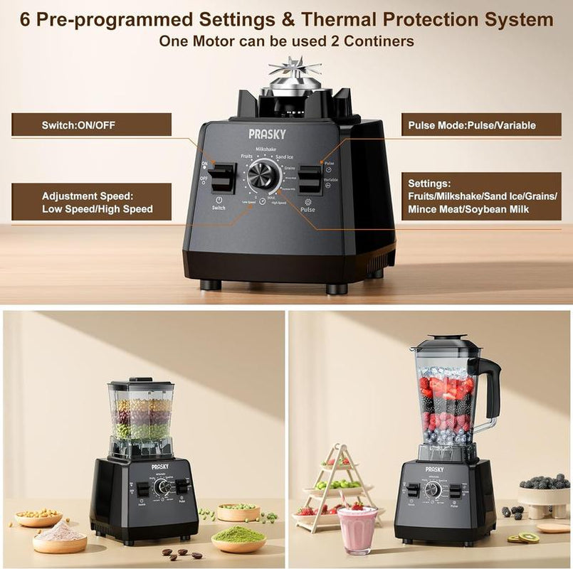 Prasky Professional Blender,Kitchen for Blender 68Oz BPA Free 2 Containers Countertop Blenders Ice Crushing&Max.2400Watts/1000Watts Blender and Grinder Combo 25000RPM , Smoothies/Juice/Nuts Butter/Food Processor/Kitchen Appliances /SMARTLIVING