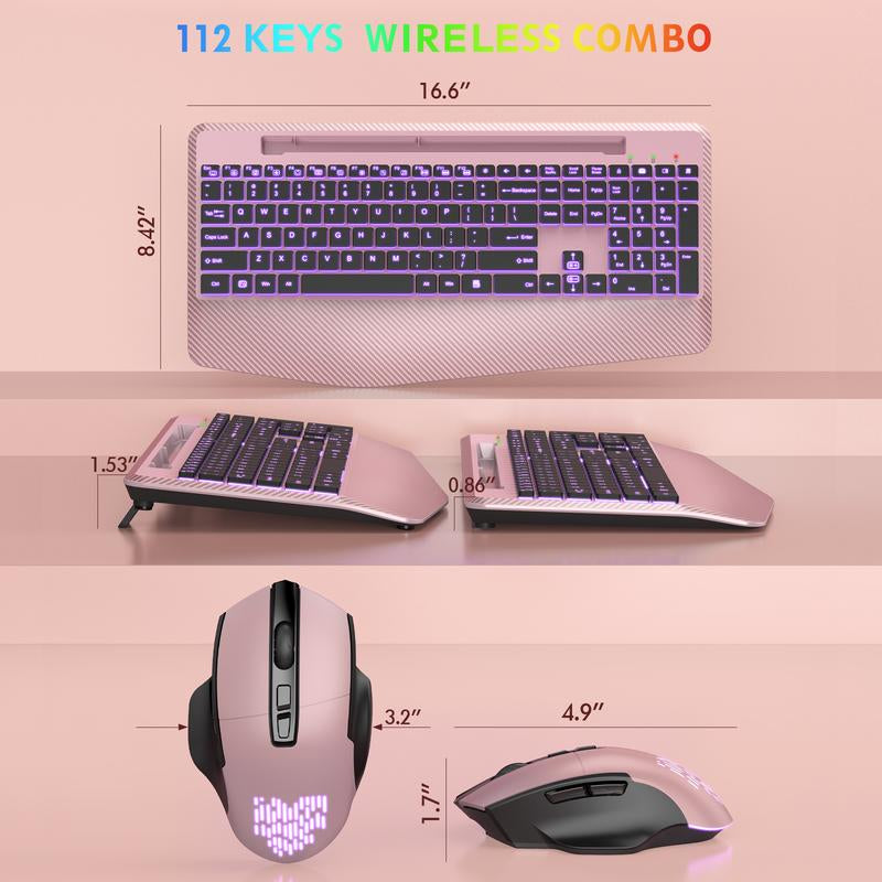 SABLUTE KL8 Wireless Keyboard and Mouse Backlits(Non-Bluetooth), Wrist Rest, LED Mouse, Rechargeable Keyboard with Phone Holder, Silent Light up Combo