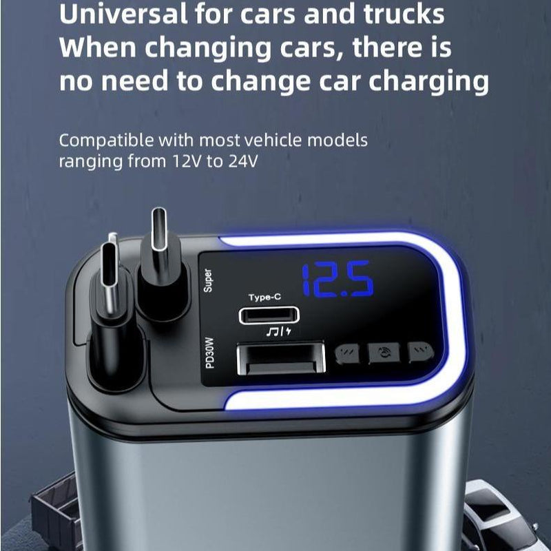 Retractable Car Charger 4 in 1 Car Adapter with Dual USB Charger Wireless Radio Kit MP3 Player Support TF Card & USB Disk, Adjustable Frequency 87.5-108,Bluetooth-Compatible Led Backlit Light,Compatible with Iphone 15/15 Pro Max/14/13/12/11