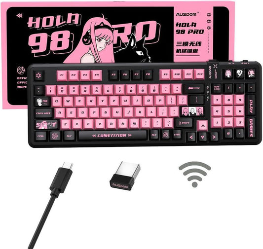 AUSDOM 98Pro Wireless Mechanical Keyboard, Tri-Mode Bluetooth/2.4Ghz/Usb-C Gasket Hot Swappable Custom Gaming Keyboard with Backlit, PBT Keycaps, Linear Switches, for Windows/Mac/Pc (Manga Girl Theme)