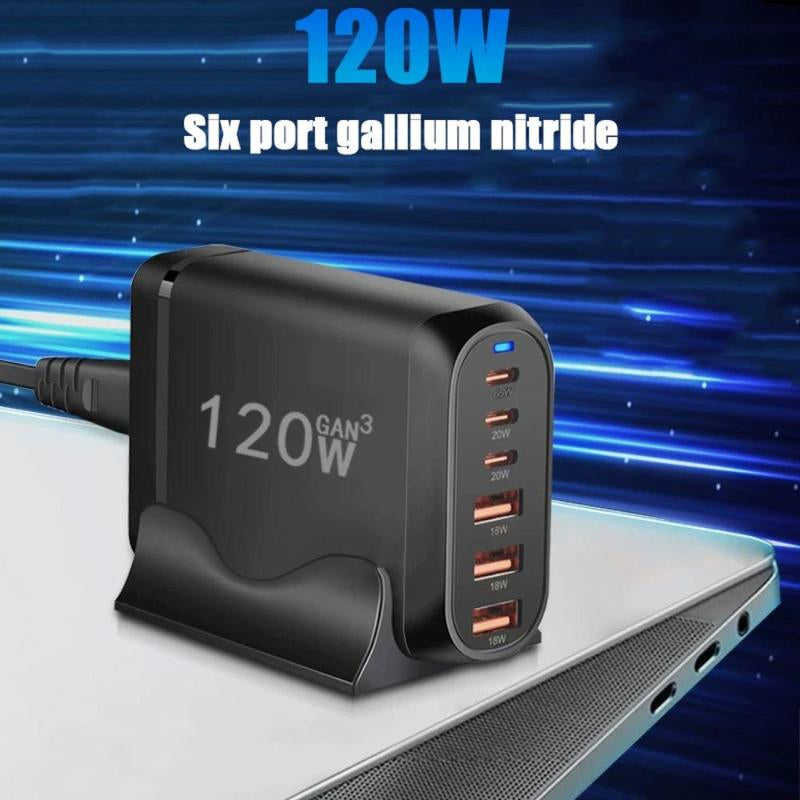 120W 6-Port USB Type-C Desktop Charger, Multifunctional PD Charger with US Plug, Portable Fast Charging Multiport Adapter for Home Office Travel, Portable Chargers, Boyfriend Gift