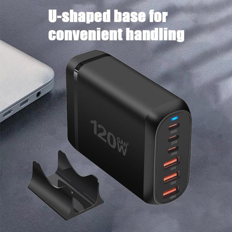 120W 6-Port USB Type-C Desktop Charger, Multifunctional PD Charger with US Plug, Portable Fast Charging Multiport Adapter for Home Office Travel, Portable Chargers, Boyfriend Gift
