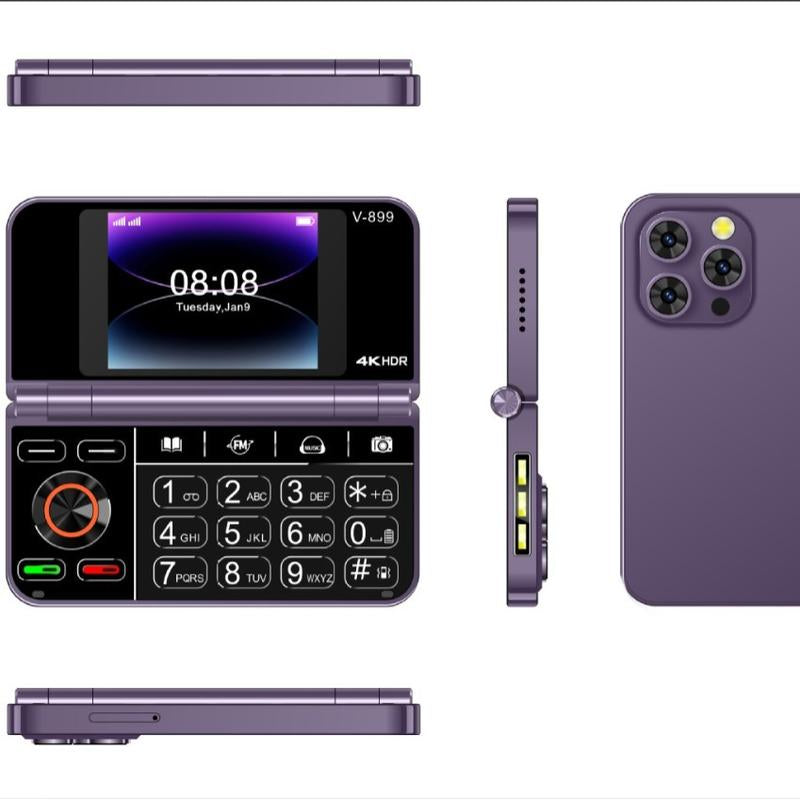 New V-899 Pro Mini Flip Mobile Phone 4.0 Inch Foldable Curved Dual-Screen Keyboard Cell Phone Portable 2G Dual SIM Mode Ultra Thin Unlocked Card Mobile Phone Gift for Elderly Seniors and Kids Students