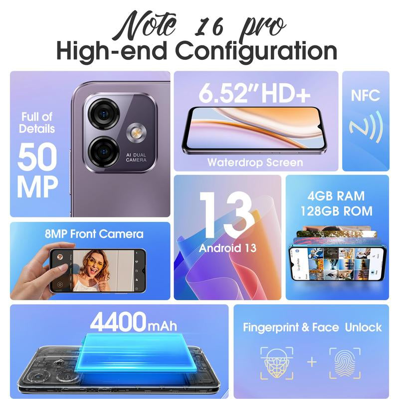 Note 16 Pro NFC Unlocked Cellphone , 12GB (4Gb+8Virtual)+ 128GB, 8 Core, 6.52 ''FHD Display + Screen Unlocked, Android 13, 50MP + 8MP, 4400 Mah Battery , Dual Sim 4G LTE, Splash Proof,Fingerprint &Face Unlock Wireless Smartphone