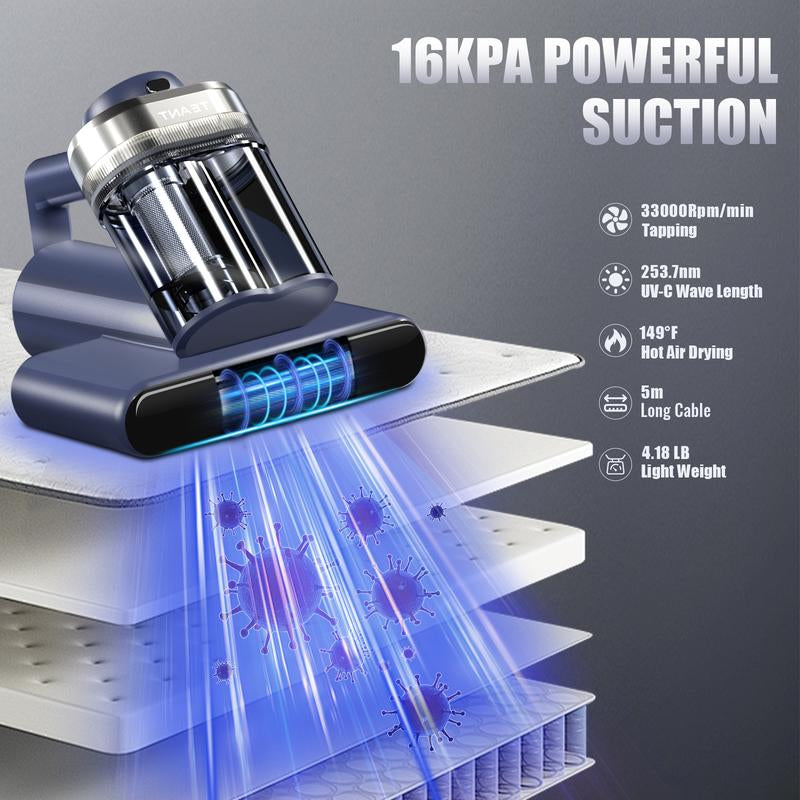 【2025 Teant】 Mattress Vacuum Cleaner for Dust Mites Removal, Bed Vacuum with UV-C Light & 149°F Hot Air & Aroma Tablet & LED Display, 16Kpa Powerful Suction Double-Cup Handheld Vacuum Cleaner with HEPA Filter for Bed, Couch, Sofa, Carpet