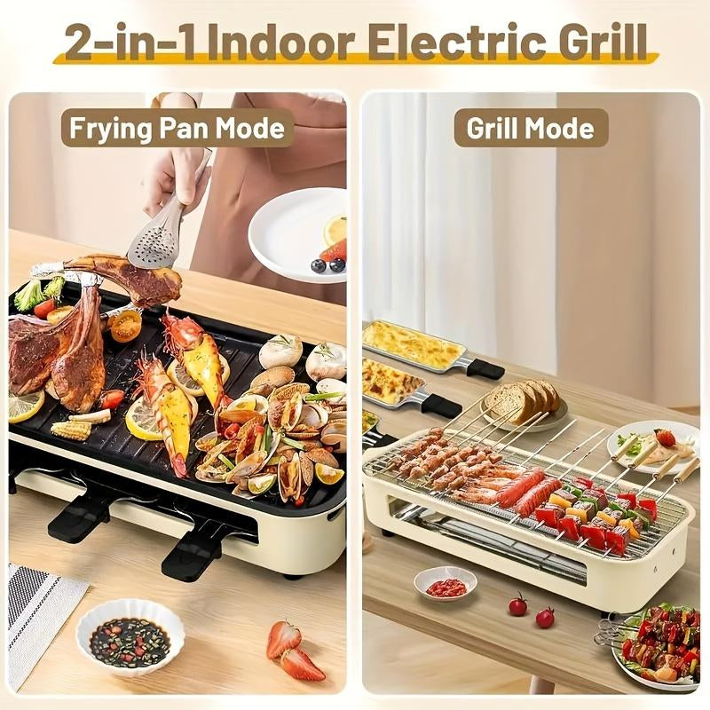 Smokeless Electric Grill, Frying and Grilling Electric Grill with Removable Non-Stick Tray and Grill Rack, with 3 Mini Pans, 1500W Home Grill, Adjustable Temperature, Indoor Grilling, Kitchen Utensils, Stainless Steel