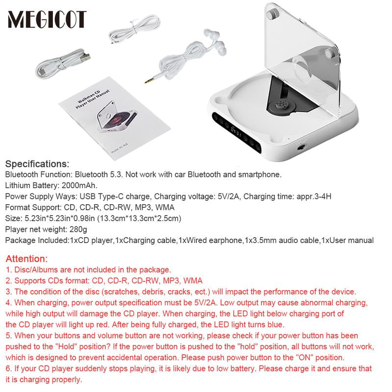 MEGICOT Portable Bluetooth CD Player Built-In Rechargeable Battery with Speaker LED Display USB Audio Port, Support Bluetooth Headset Listening Music Wireless Compact Player - Not Work with Car Bluetooth and Smartphone